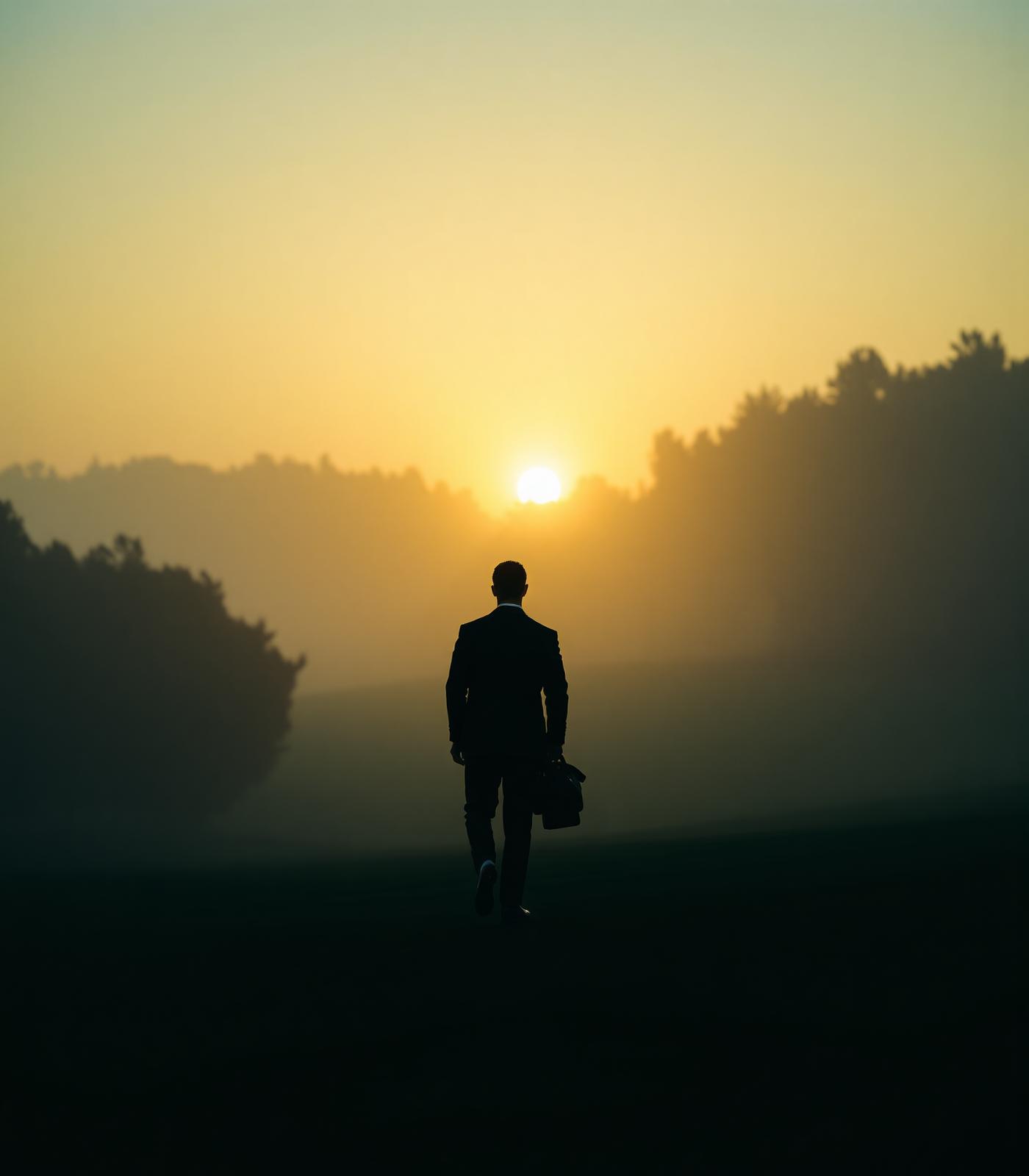 Golfer walking at dawn